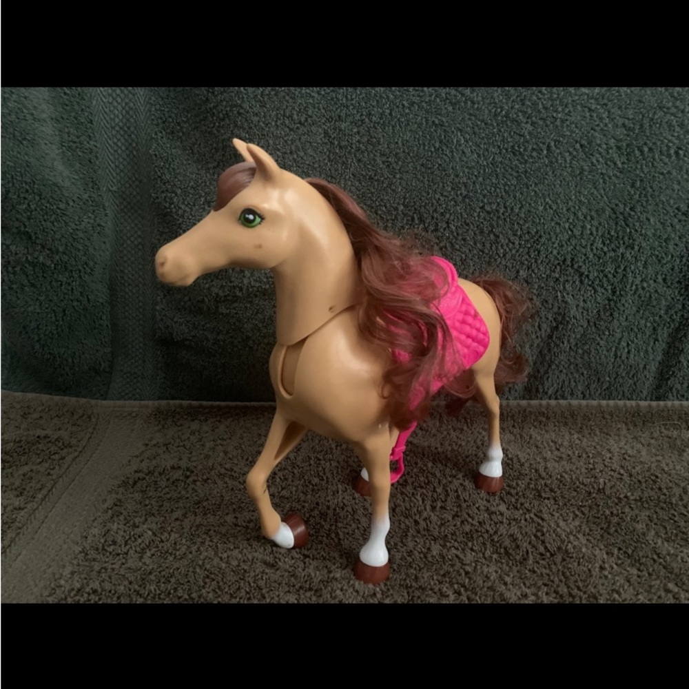 10” Play Horse with Forward Movable Head, and Pink Saddle for Dolls. Tan & Brown